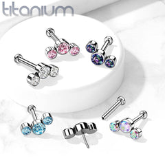 Tragus/Knorpel-Einsteck-Piercing aus Titan in Implantatqualität, gewindelos, 3 gebogene Vitrail-Steinen, mittlere Zirkonia-Steine ​​mit flacher Rückseite