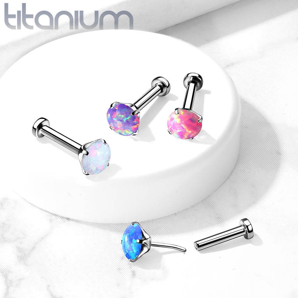 Gewindeloser Einsteckring aus Titan in Implantatqualität für Tragus/Knorpel, mit Krallen, rosa Opalstein mit flacher Rückseite