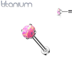Gewindeloser Einsteckring aus Titan in Implantatqualität für Tragus/Knorpel, mit Krallen, rosa Opalstein mit flacher Rückseite