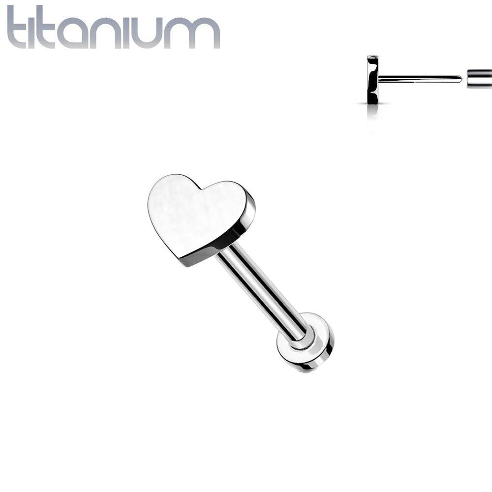 Implant Grade Titanium Threadless Push In Tragus/Cartilage Heart Stud With Flat Back