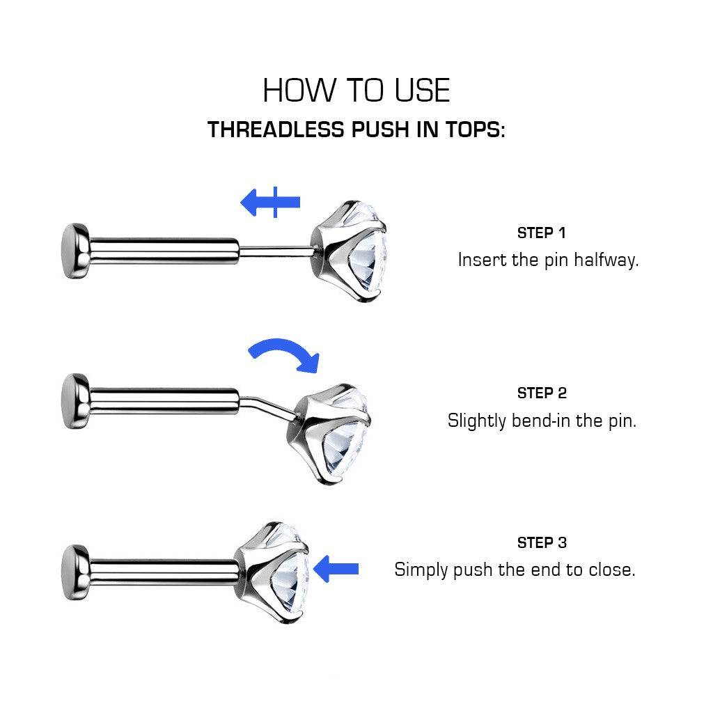 Implant Grade Titanium Threadless Push In Tragus/Cartilage Lightning Bolt Stud With Flat Back