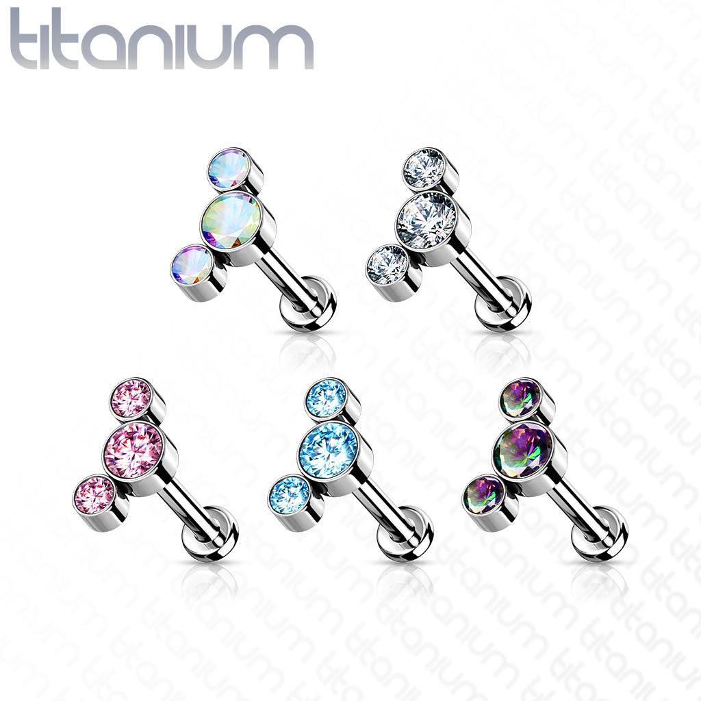 Implant Grade Titanium Threadless Push In Tragus/Cartilage Triple Curved Pink CZ Gems With Flat Back