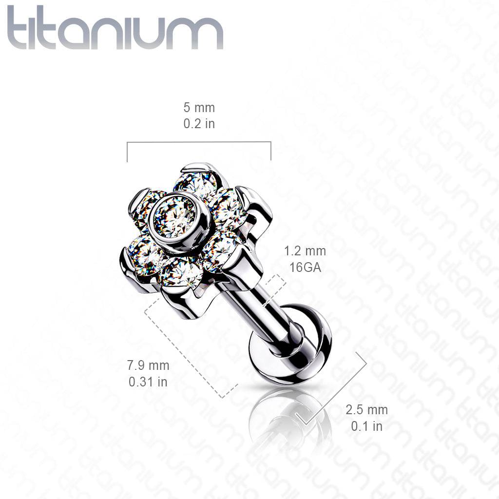 Implant Grade Titanium Threadless Push In Tragus/Cartilage White CZ Flower With Flat Back