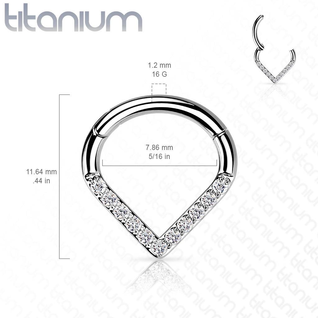 Implant Grade Titanium V Shaped Septum Ring Clicker Hoop White CZ Gems