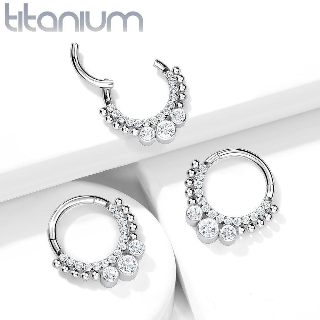 Implant Grade Titanium White CZ Beaded Hinged Septum Ring Hoop Clicker