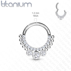 Implant Grade Titanium White CZ Beaded Hinged Septum Ring Hoop Clicker