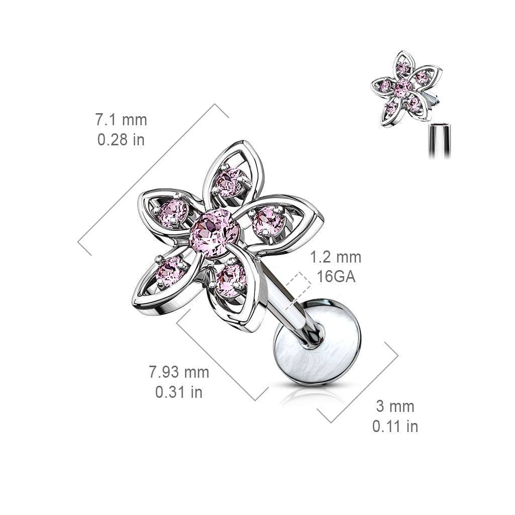 Internally Threaded Surgical Steel White CZ Flower Labret