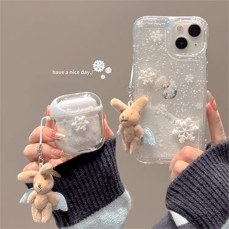 Kawaii Floating Snow iPhone AirPods Case With Ornament