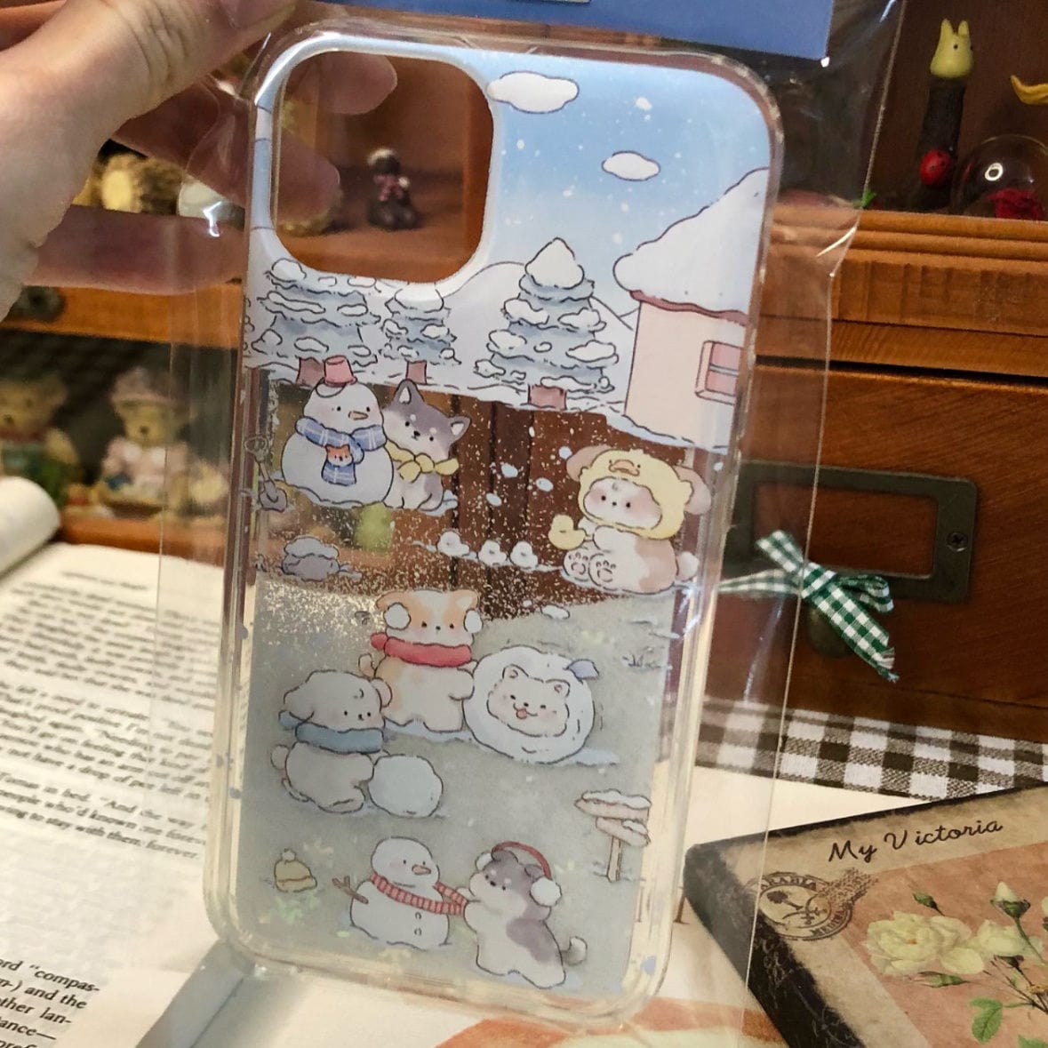 Kawaii Floating Snow Kitten Puppy Sticker iPhone Case