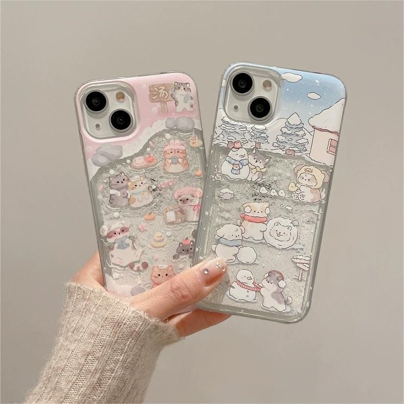 Kawaii Floating Snow Kitten Puppy Sticker iPhone Case