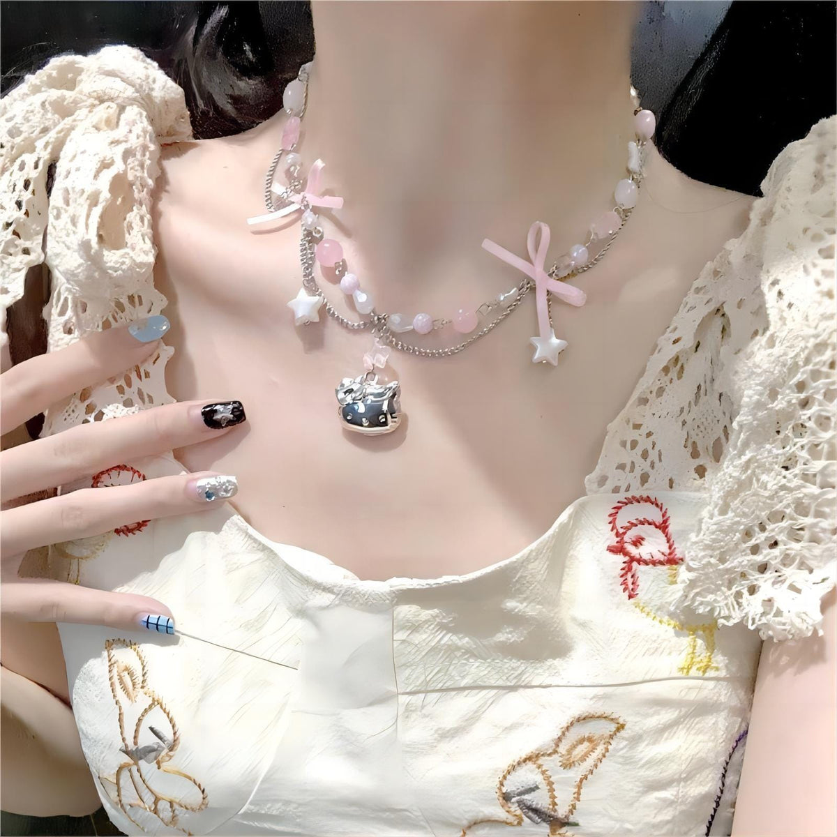 Kawaii Layered Star Tassel Hello Kitty Ball Chain Necklace