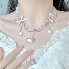 Kawaii Layered Star Tassel Hello Kitty Ball Chain Necklace