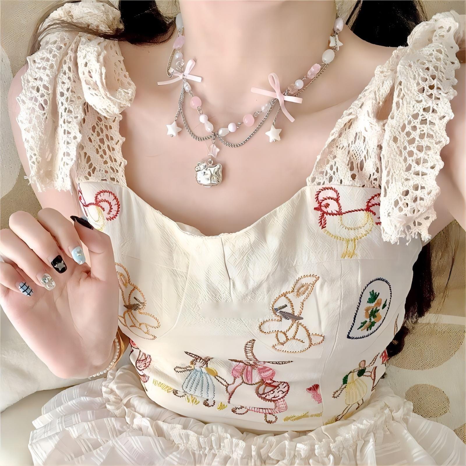 Kawaii Layered Star Tassel Hello Kitty Ball Chain Necklace