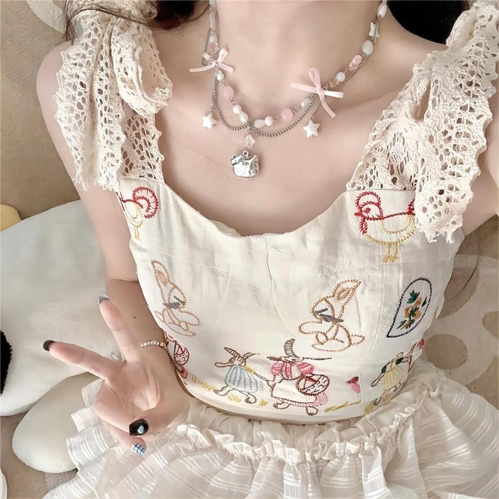 Kawaii Layered Star Tassel Hello Kitty Ball Chain Necklace