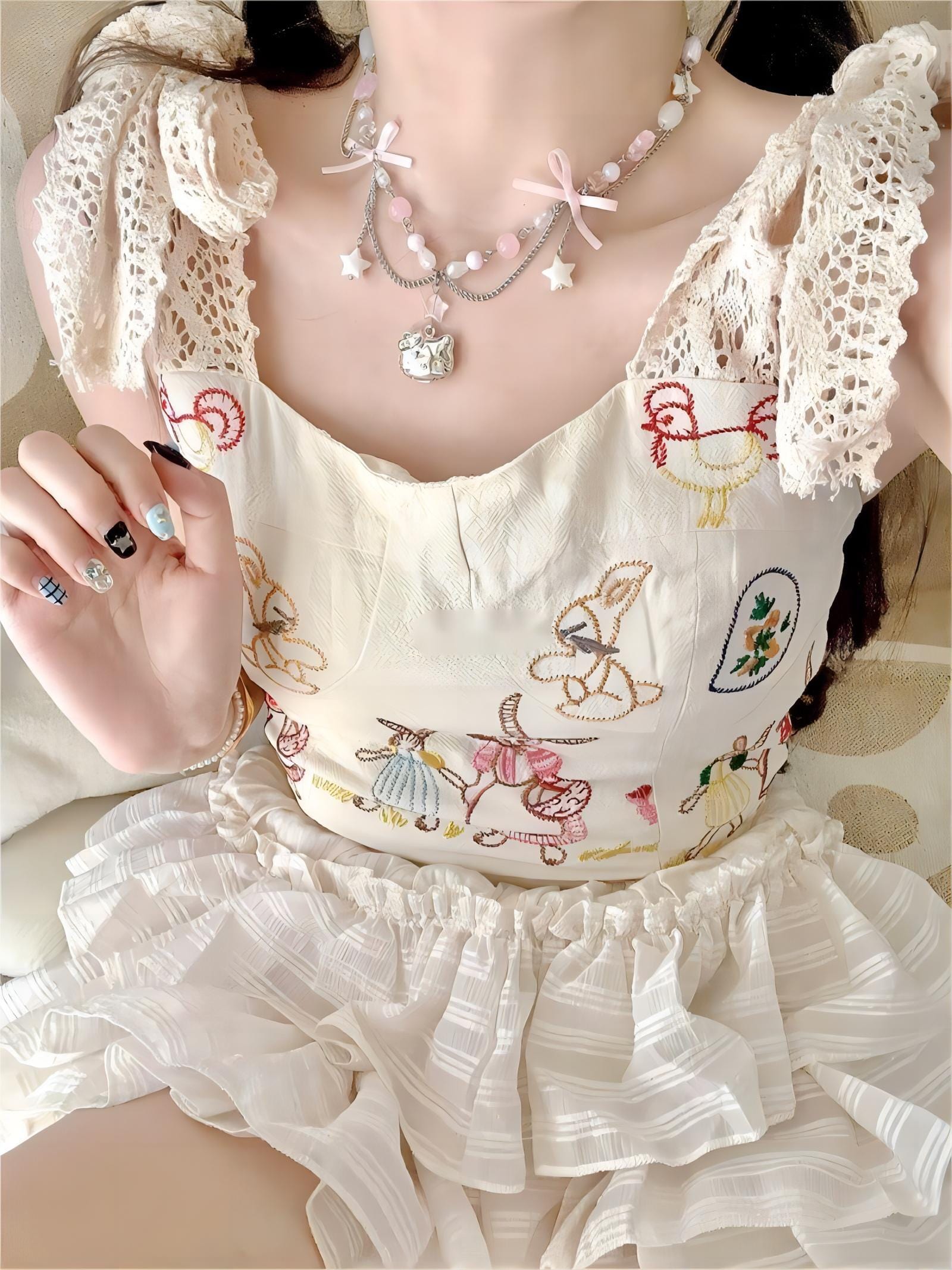 Kawaii Layered Star Tassel Hello Kitty Ball Chain Necklace