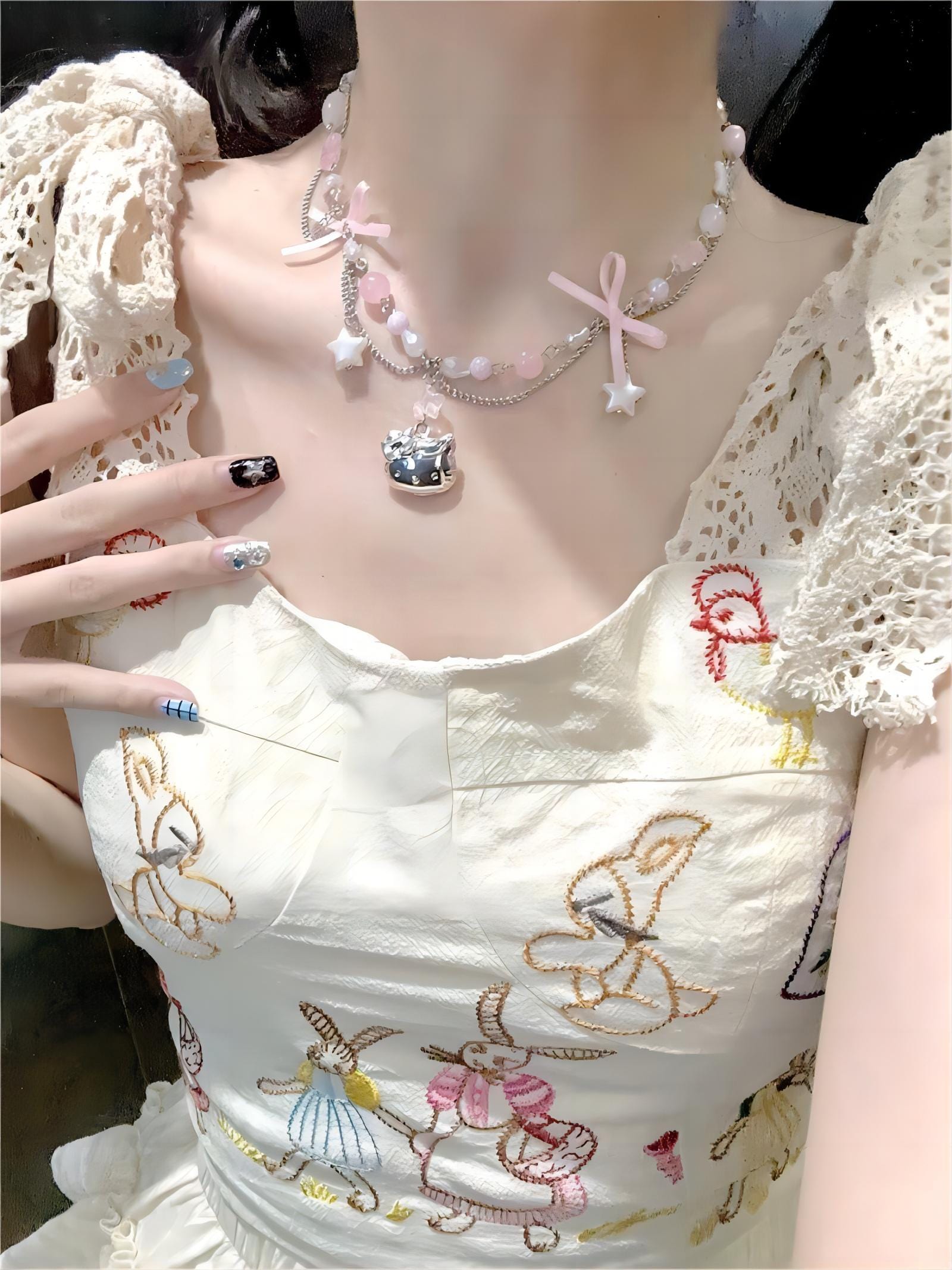 Kawaii Layered Star Tassel Hello Kitty Ball Chain Necklace