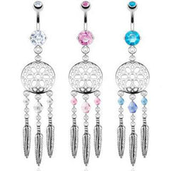 Long Beaded Dream Catcher Belly Button Surgical Steel Navel Ring