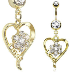 Bauchnabelpiercing mit Blume und Herz aus vergoldetem Chirurgenstahl