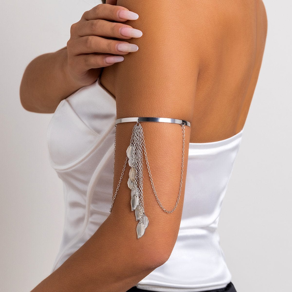 Minimalist Layered Leaf Tassel Arm Cuff