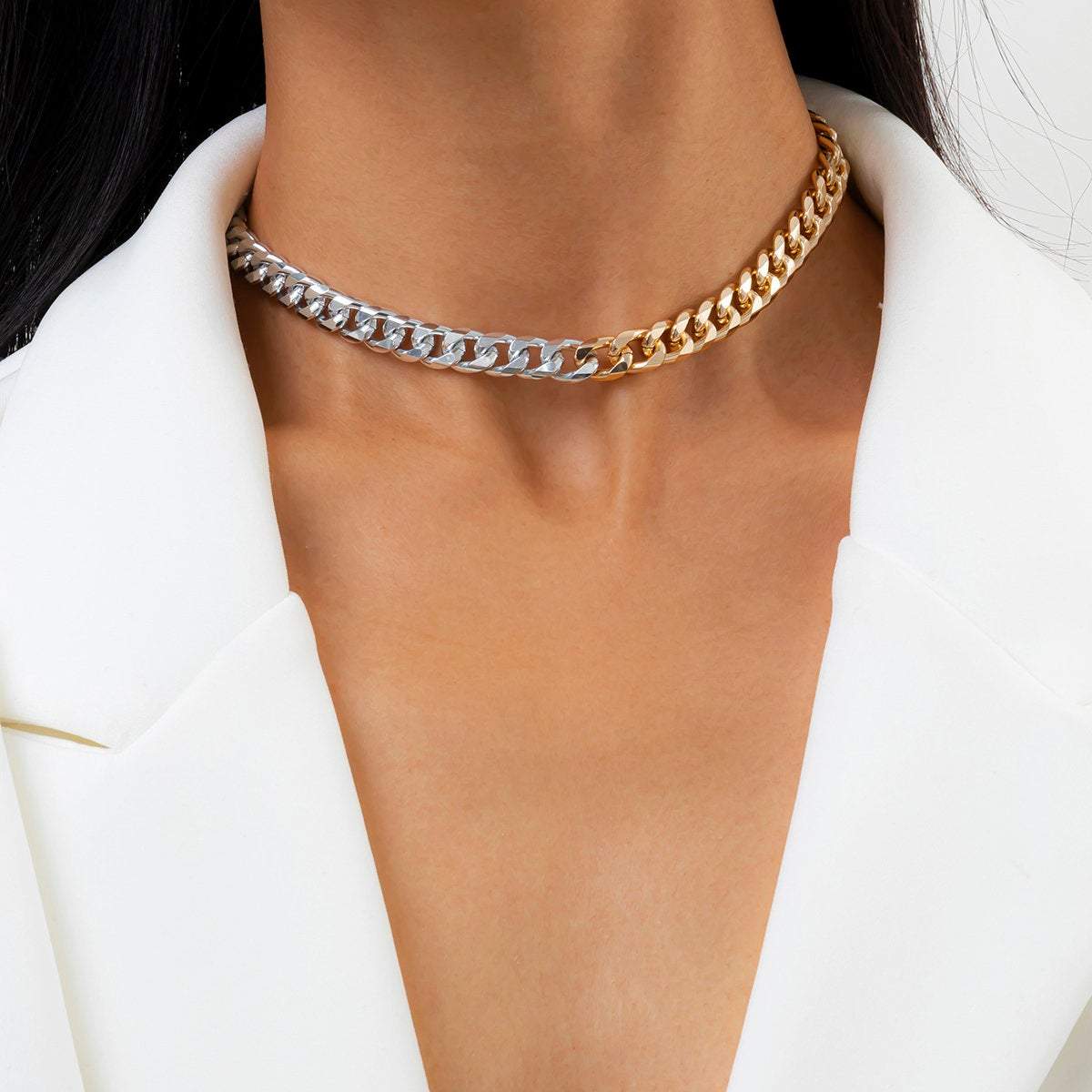 Minimalist Two Tone Curb Link Chain Choker Necklace