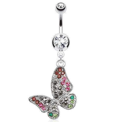 Multi Color CZ Gemstones Dangling Belly Button Navel Ring Bar Buttefly