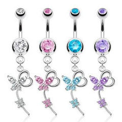 Multi Gem Butterfly with Tiny Heart Dangling Belly Button Navel Ring