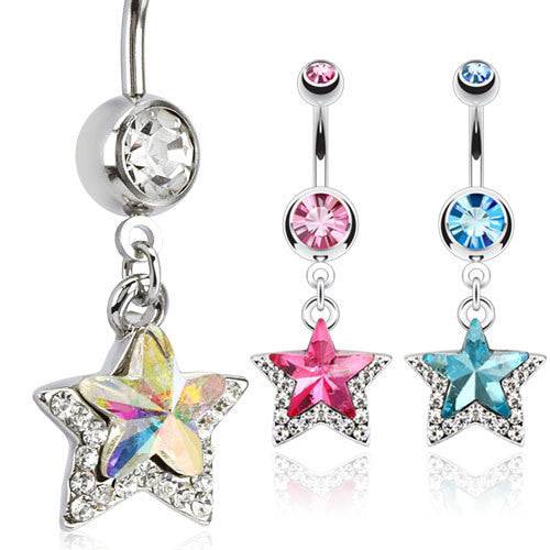 Multi Gem Prism Star with CZ Rim Belly Button Navel Ring