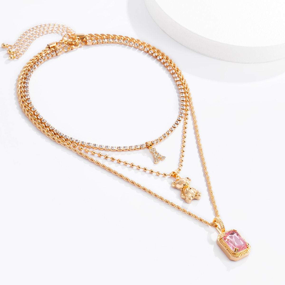 Multi-layer Crystal Letter Bear Rose Quartz Pendant Beaded Rope Chain Choker Necklace Set