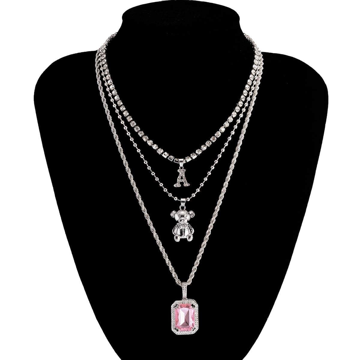 Multi-layer Crystal Letter Bear Rose Quartz Pendant Beaded Rope Chain Choker Necklace Set