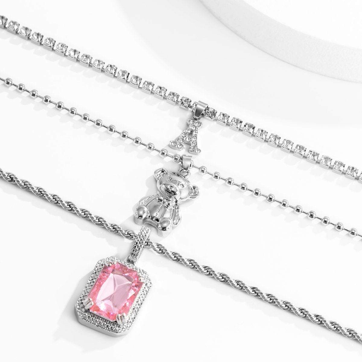 Multi-layer Crystal Letter Bear Rose Quartz Pendant Beaded Rope Chain Choker Necklace Set