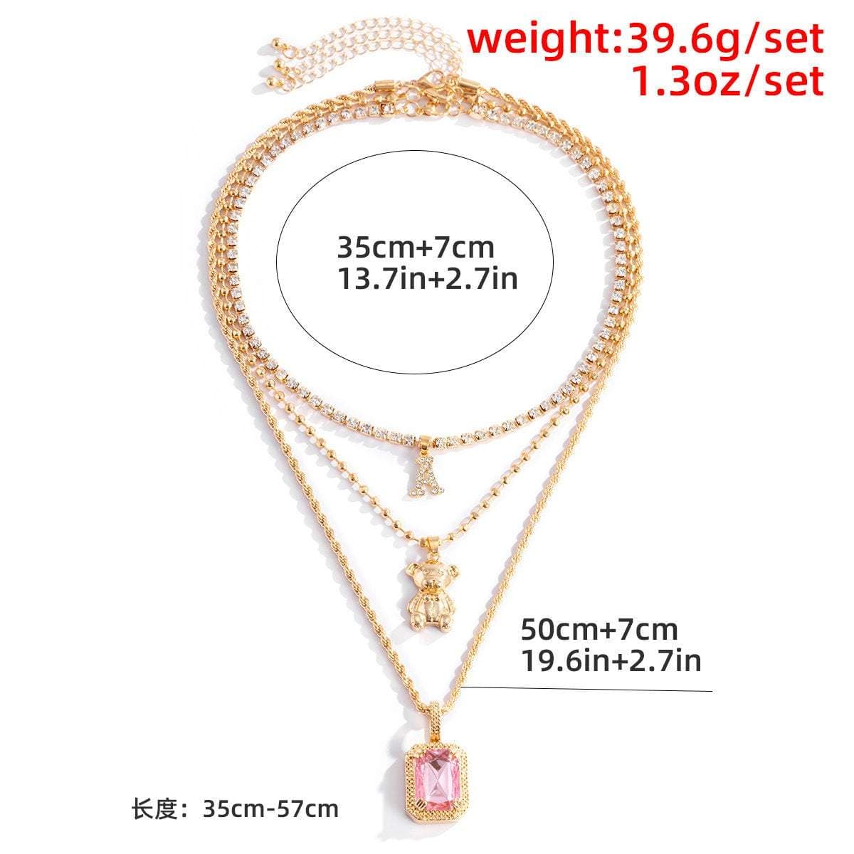 Multi-layer Crystal Letter Bear Rose Quartz Pendant Beaded Rope Chain Choker Necklace Set