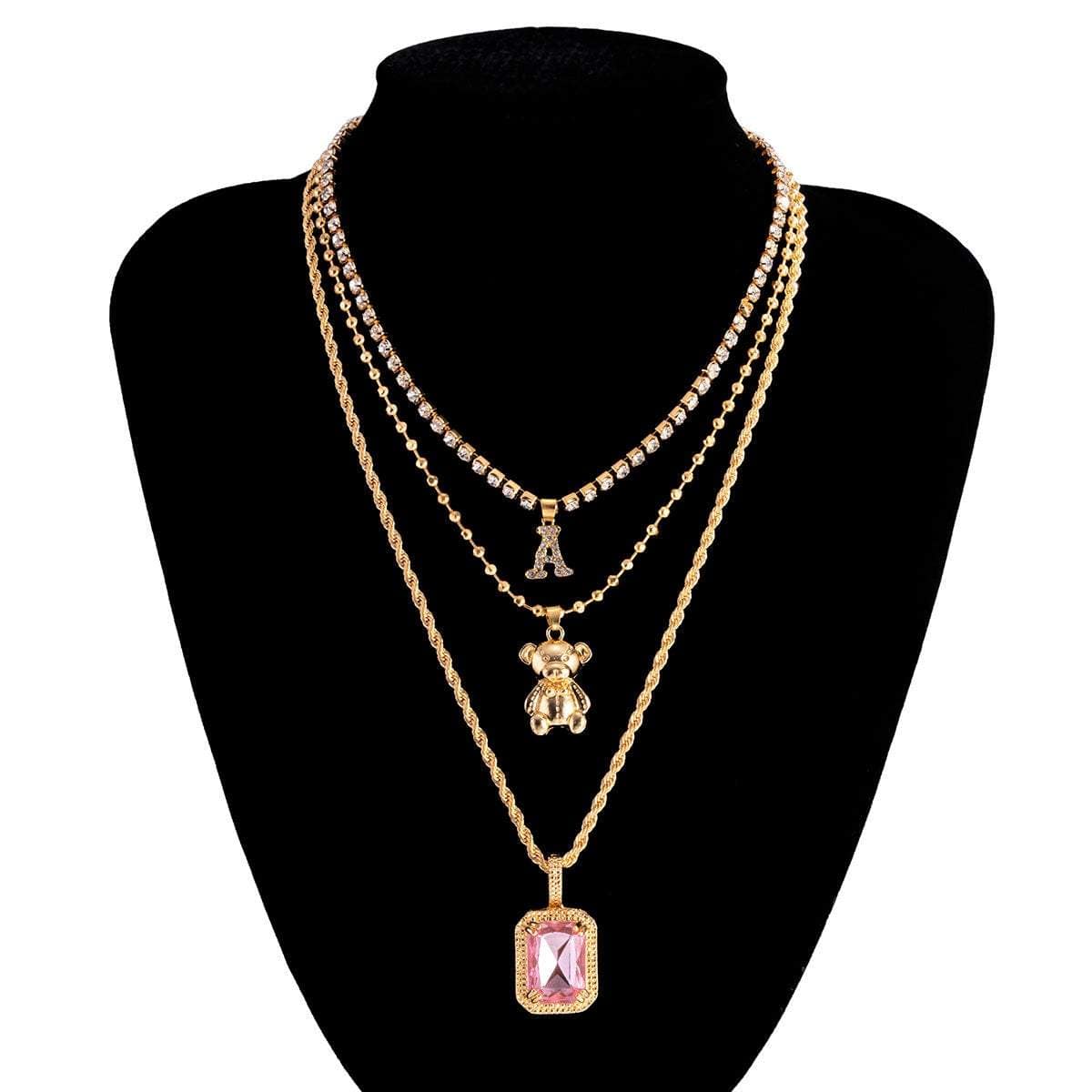 Multi-layer Crystal Letter Bear Rose Quartz Pendant Beaded Rope Chain Choker Necklace Set