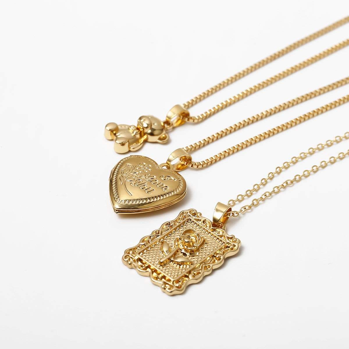 Multi-layer Gold Silver Tone Heart Locket Teddy Bear Charm Pendant Choker Necklace