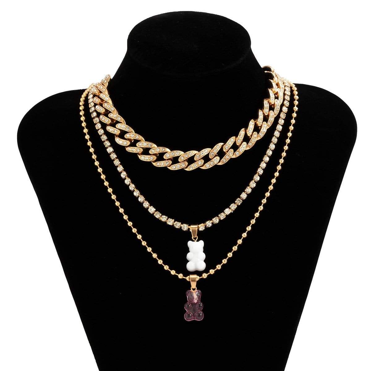 Multi-layered Crystal Inlaid Bear Pendant Ball Box Cuban Chain Choker Necklace Set