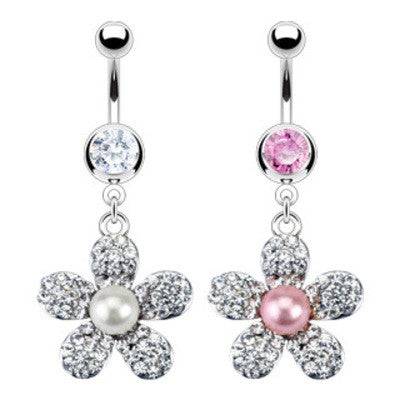 Multi Paved Flower with Centre Pearl Surgical Steel Belly Button Navel Ring