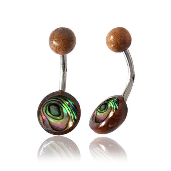OrganicTamarind Wood and Abalone Shell Disc Surgical Steel Belly Button Navel Ring