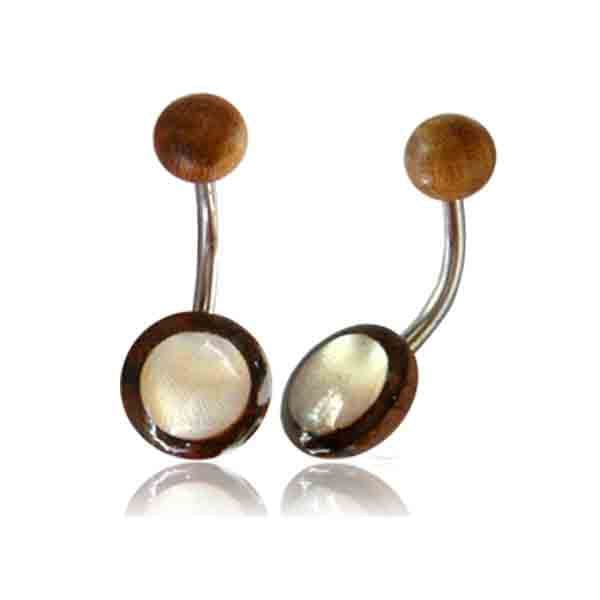 OrganicTamarind Wood and Mother of Pearl Disc Surgical Steel Belly Button Navel Ring