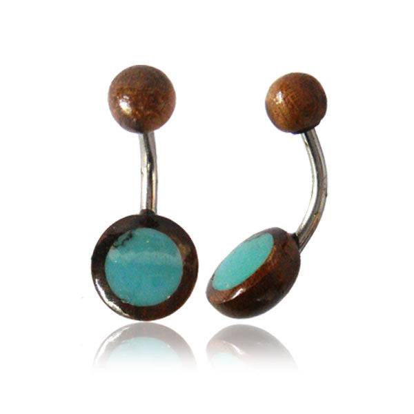 OrganicTamarind Wood and Turquoise Disc Surgical Steel Belly Button Navel Ring