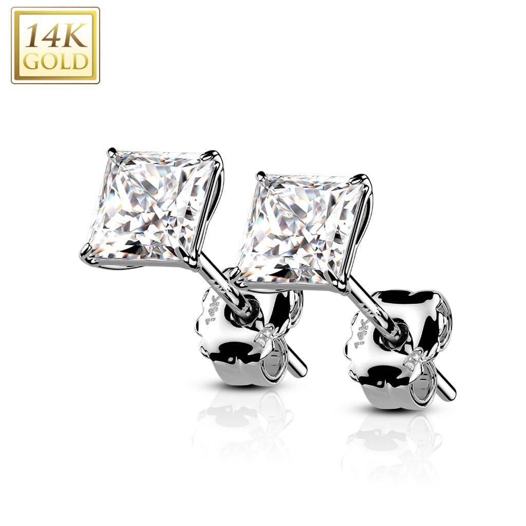 Paar Ohrstecker aus massivem 14 kt Weißgold mit quadratischen Krallen und weißen Zirkonia