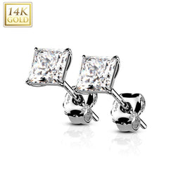 Paar Ohrstecker aus massivem 14 kt Weißgold mit quadratischen Krallen und weißen Zirkonia