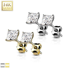 Paar Ohrstecker aus massivem 14 kt Weißgold mit quadratischen Krallen und weißen Zirkonia