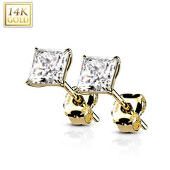 Paar Ohrstecker aus massivem 14 kt Gelbgold mit quadratischen Krallen und weißen Zirkonia