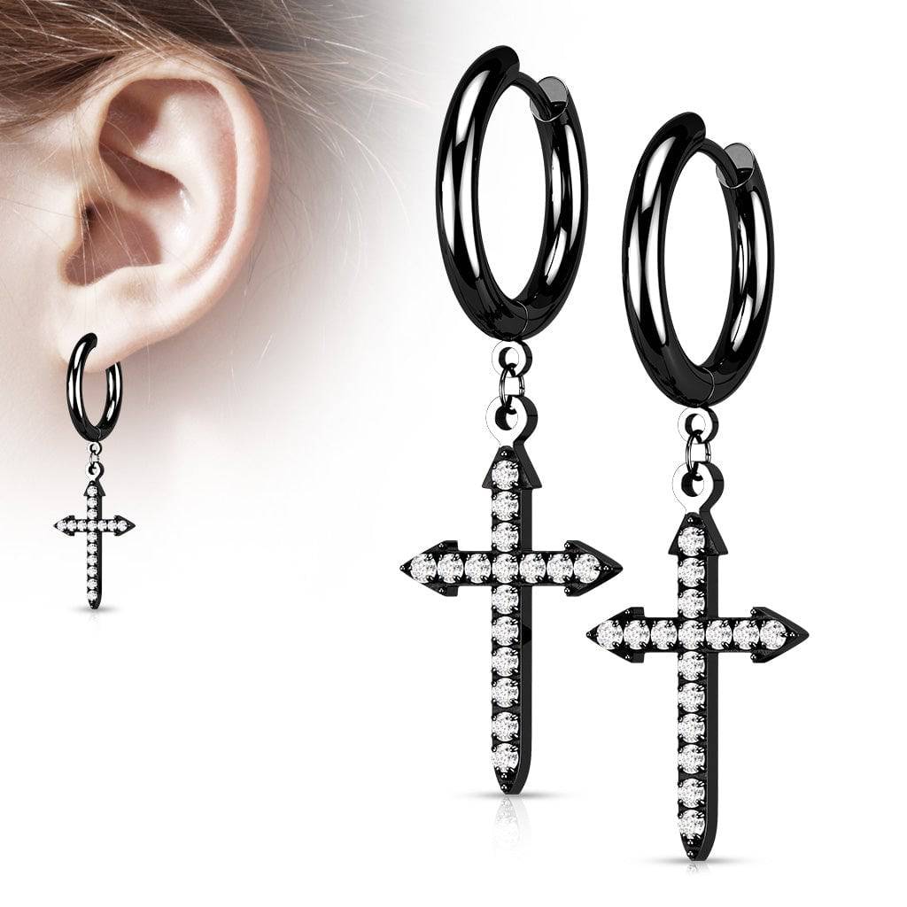 Paar Creolen mit keltischem Kreuz aus chirurgischem Stahl 316L, schwarz PVD, weiß CZ