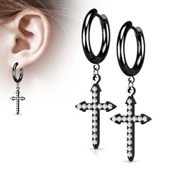 Paar Creolen mit keltischem Kreuz aus chirurgischem Stahl 316L, schwarz PVD, weiß CZ