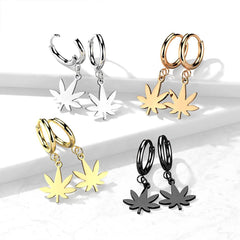 Pair Of 316L Surgical Steel Gold PVD Thin Hoop Earrings With Dangling Weed Leaf