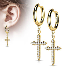 Pair Of 316L Surgical Steel Gold PVD White CZ Celtic Cross Dangle Hoop Earrings