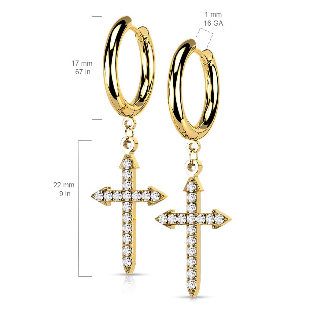 Pair Of 316L Surgical Steel Gold PVD White CZ Celtic Cross Dangle Hoop Earrings