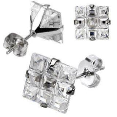 Paar Ohrstecker aus chirurgischem Stahl 316L mit mehrschliffenem, quadratischem Gitter und Zirkonia