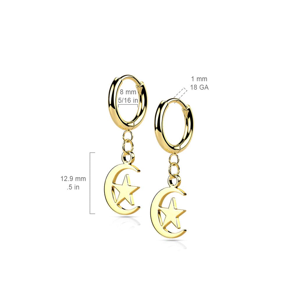 Pair Of 316L Surgical Steel Rose Gold PVD Thin Hoop Earrings With Dangling Moon & Star