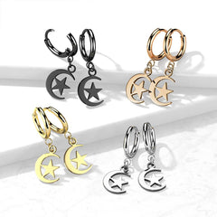 Pair Of 316L Surgical Steel Rose Gold PVD Thin Hoop Earrings With Dangling Moon & Star